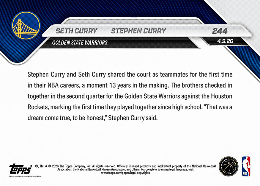 Seth Curry/Stephen Curry - 2025-26 NBA Topps NOW - Card 244 - PR: 2624 - Image 2