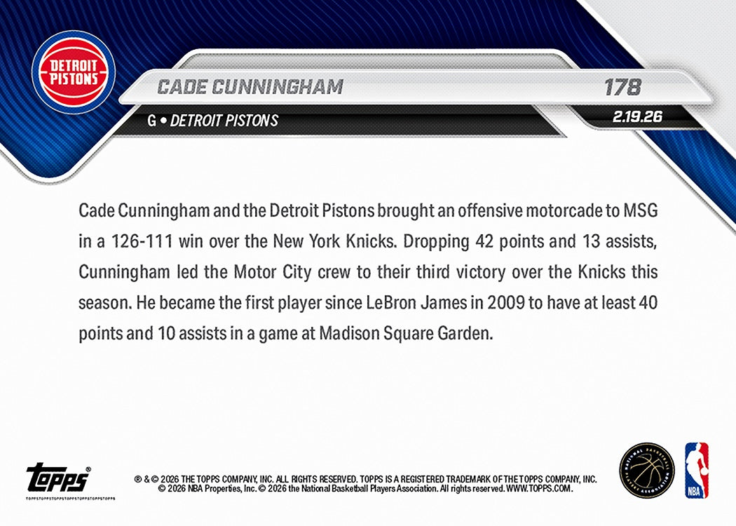 Cade Cunningham - 2025-26 NBA Topps NOW - Card 178 - PR: 1150 - Image 2