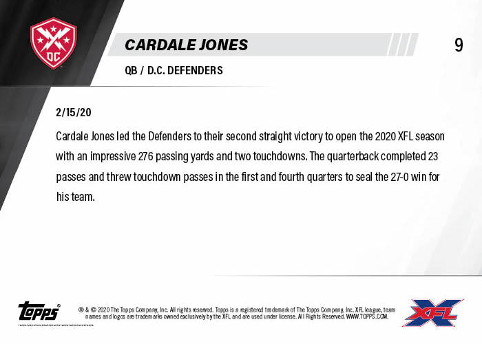 Alternative view of Cardale Jones - XFL TOPPS NOW Card 9 - Print Run: 258