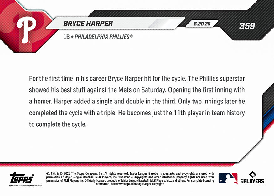 Bryce Harper - 2026 MLB Topps NOW - Card 359 - PR: 7450 - Image 3