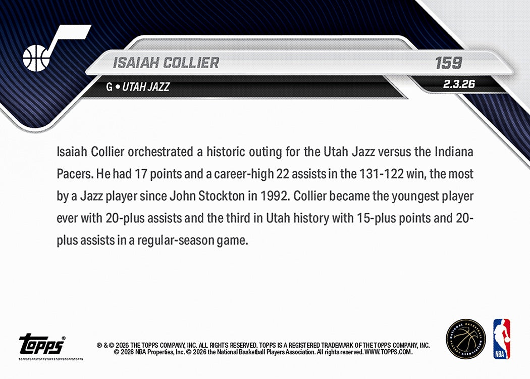 Isaiah Collier - 2025-26 NBA Topps NOW - Card 159 - PR: 424 - Image 2