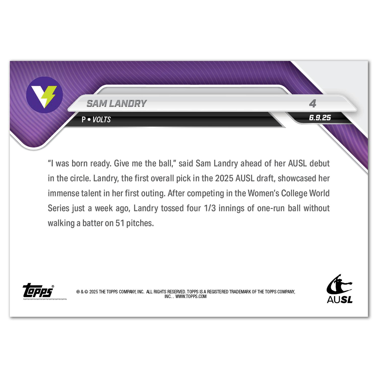Sam Landry - 2025 AUSL Topps NOW - Card 4 - LOOK FOR AUTOS - PR: 4357 - Image 3
