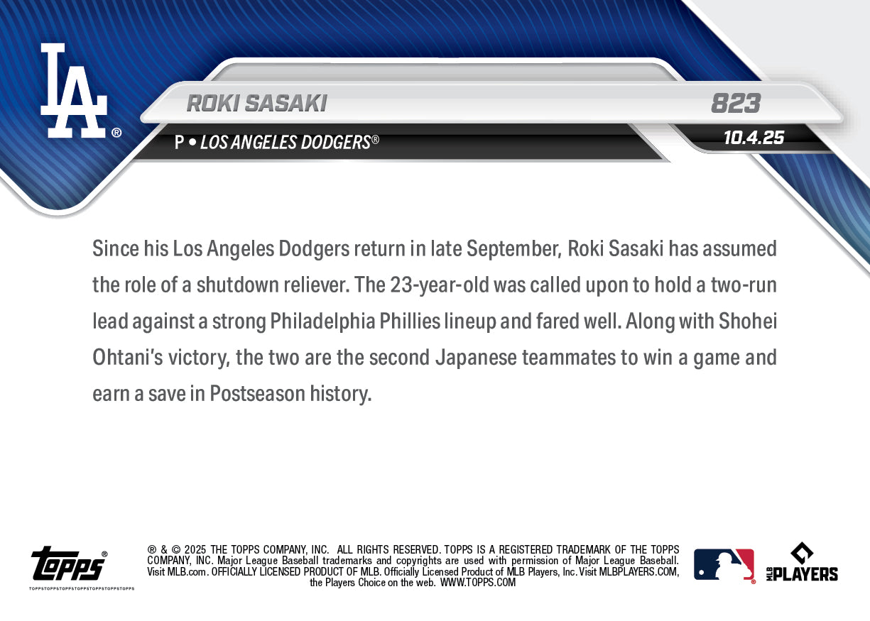 Roki Sasaki - 2025 MLB Topps NOW - Card 823 - PR: 7892 - Image 2