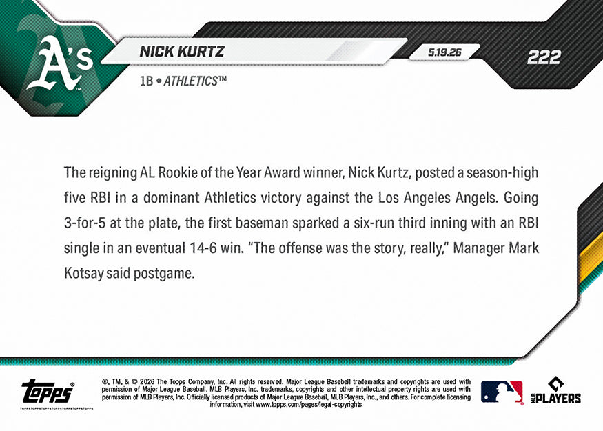 Nick Kurtz - 2026 MLB Topps NOW - Card 222 - PR: 884 - Image 2