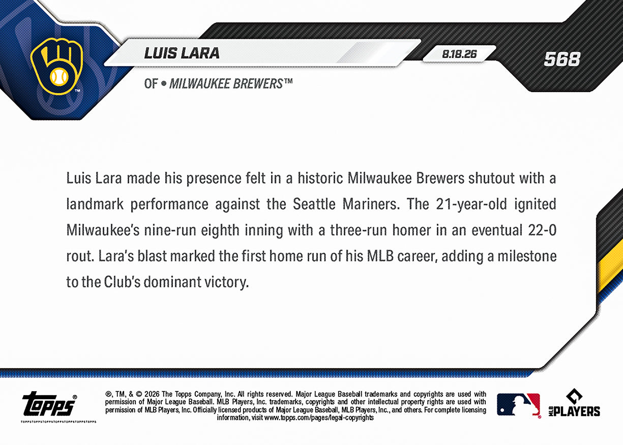 Luis Lara - 2026 MLB Topps NOW - Card 568 - PR: 1658 - Image 2