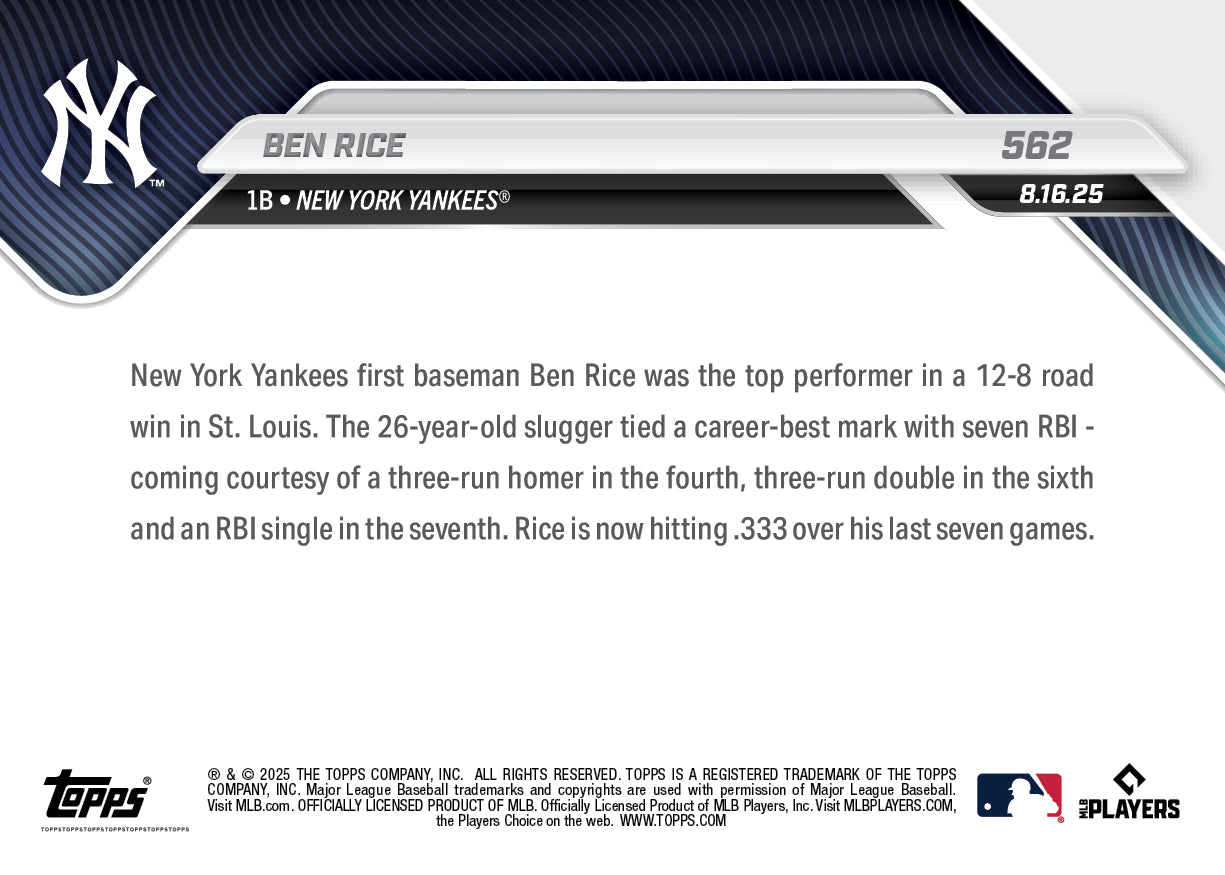 Ben Rice - 2025 MLB Topps NOW - Card 562 - PR: 1124 - Image 2