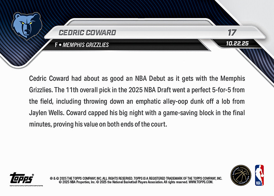 Cedric Coward - 2025-26 NBA Topps NOW - Card 17 - PR: 599 - Image 2