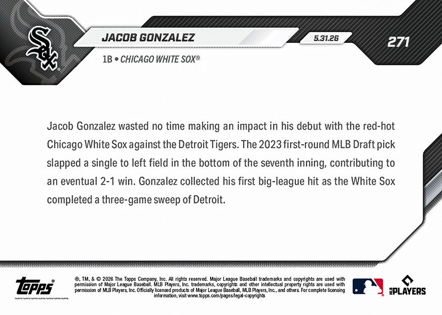 Jacob Gonzalez - 2026 MLB Topps NOW - Card 271 - PR: 928 - Image 2