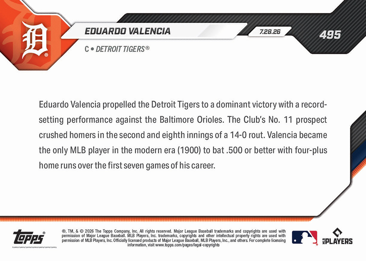 Eduardo Valencia - 2026 MLB Topps NOW - Card 495 - PR: 1344 - Image 2