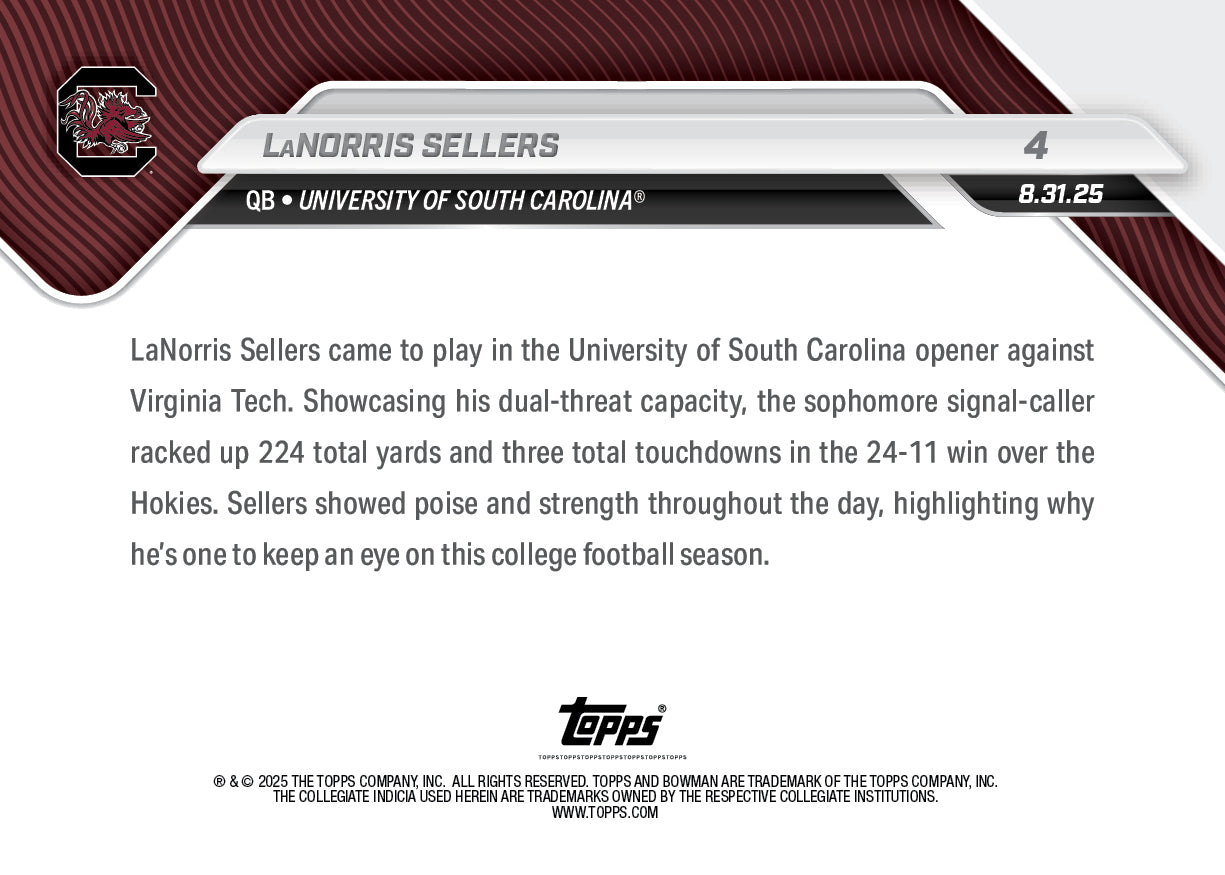 LaNorris Sellers - 2025-26 Bowman U NOW Football - Card 4 - PR: 2438 - Image 2