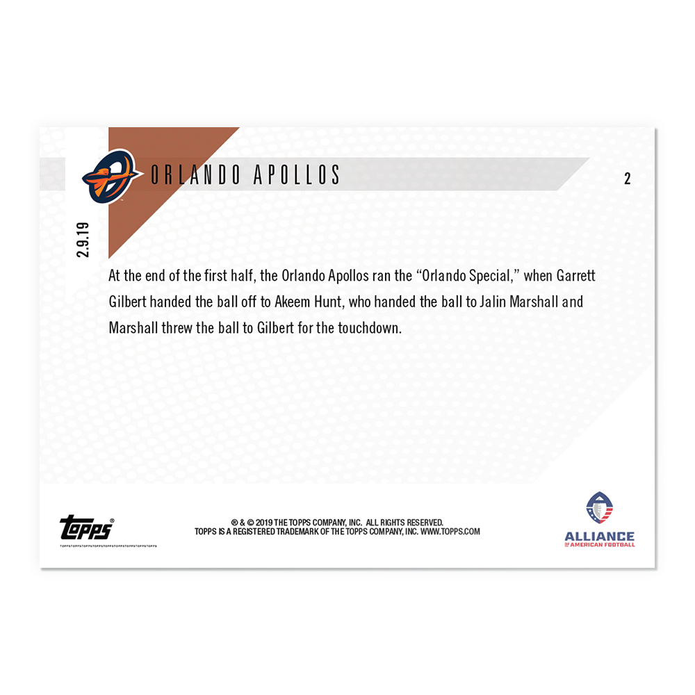 Alternative view of Orlando Apollos - AAF TOPPS NOW Card 2 - Print Run: 320