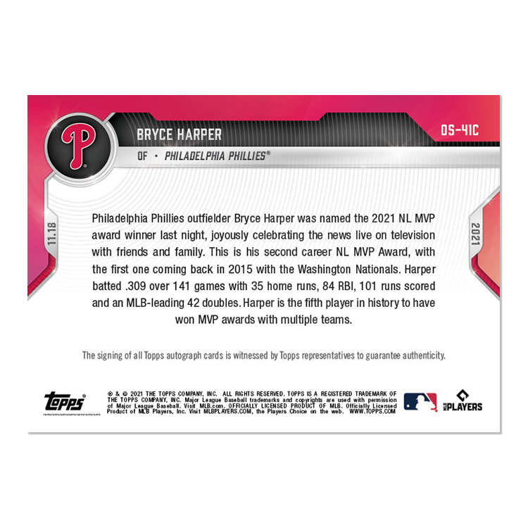 On-Card Auto # to 25 - Bryce Harper - 2021 MLB TOPPS NOW Card OS-41C - Image 2