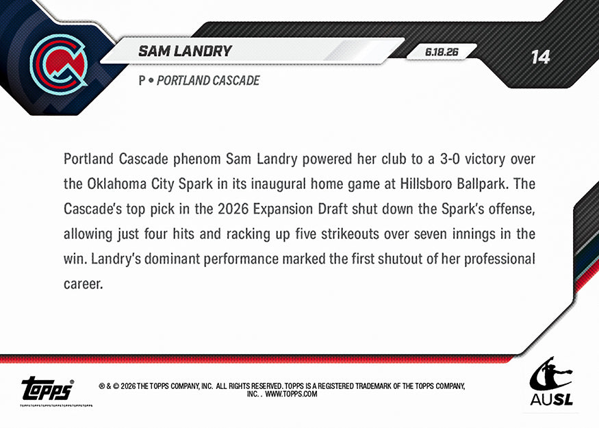 Sam Landry - 2026 AUSL Topps NOW - Card 14 - PR: 1026 - Image 3
