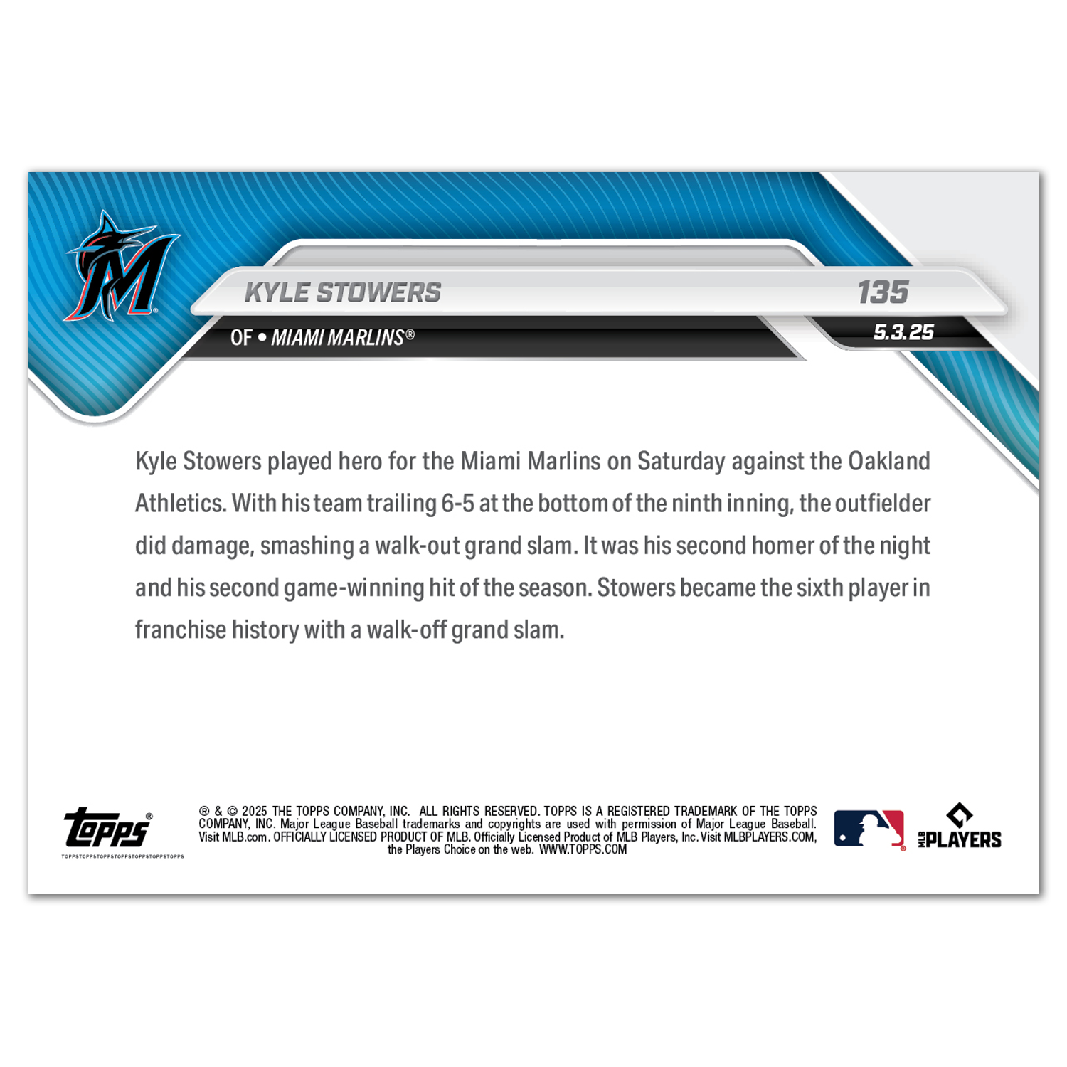 Kyle Stowers - 2025 MLB Topps NOW - Card 135 - PR: 295 - Image 2