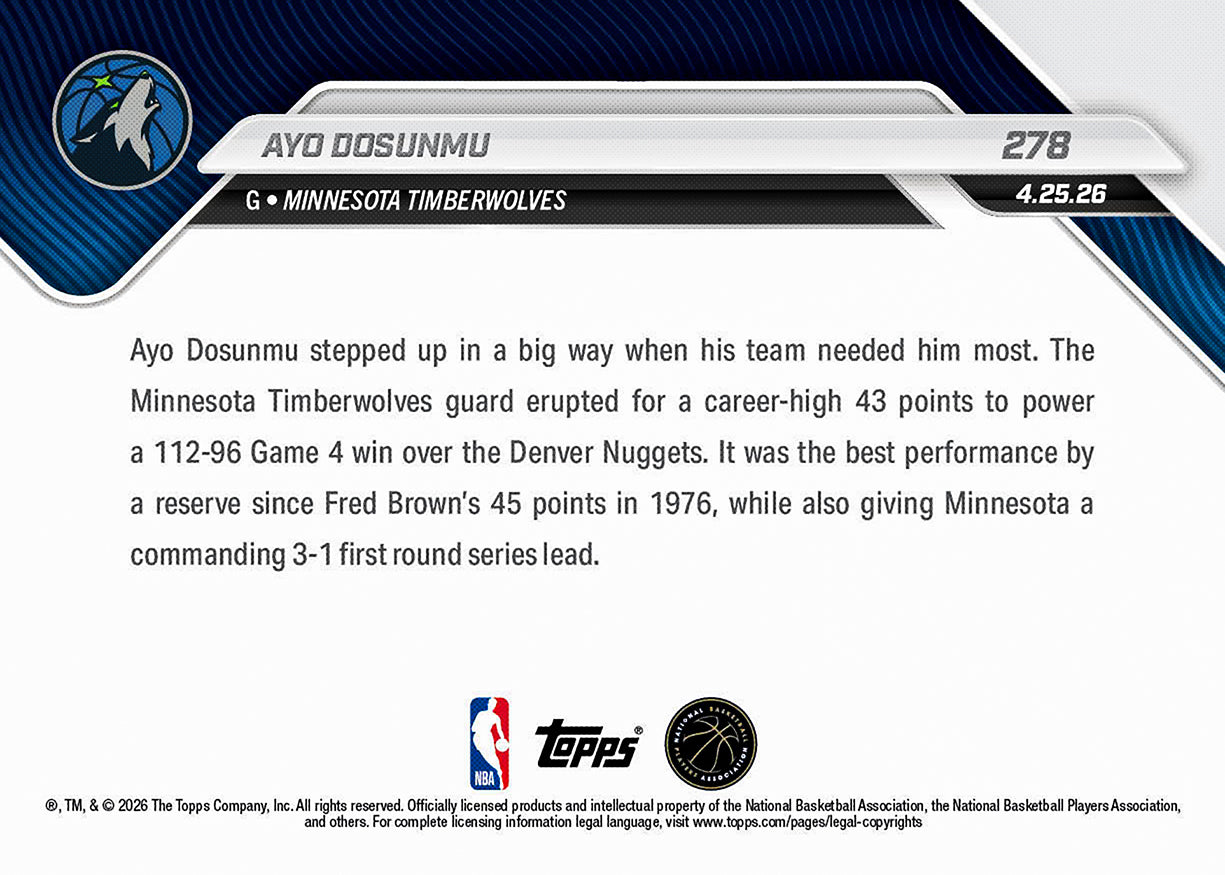 Ayo Dosunmu - 2025-26 NBA Topps NOW - Card 278 - PR: 1226 - Image 2