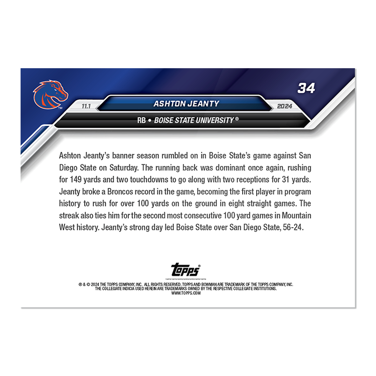 Ashton Jeanty - 2024 Bowman U NOW Football Card 34 - LOOK FOR AUTOS - PR: 1990 - Image 3