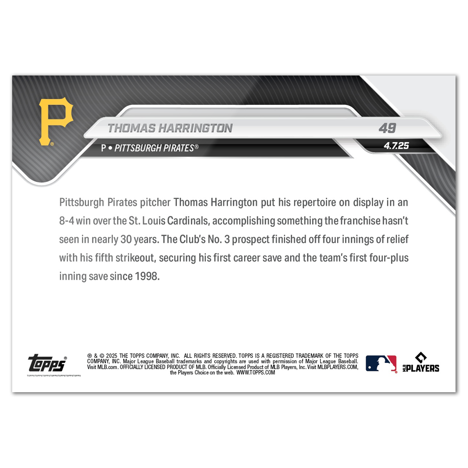 Alternative view of Thomas Harrington - 2025 MLB Topps NOW - Card 49 - PR: 620