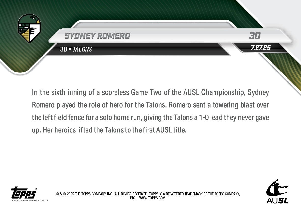 Sydney Romero - 2025 AUSL Topps NOW - Card 30 - LOOK FOR AUTO-RELICS - PR: 1039 - Image 3