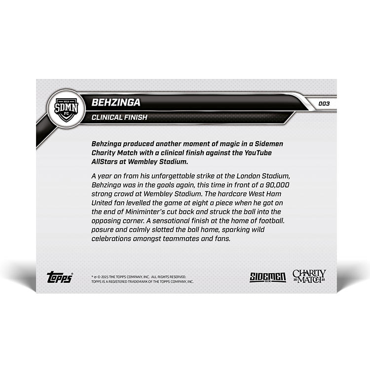 Behzinga - 2025 Sidemen Charity Match Topps NOW Card 3 - LOOK FOR AUTO - PR: 178 - Image 8