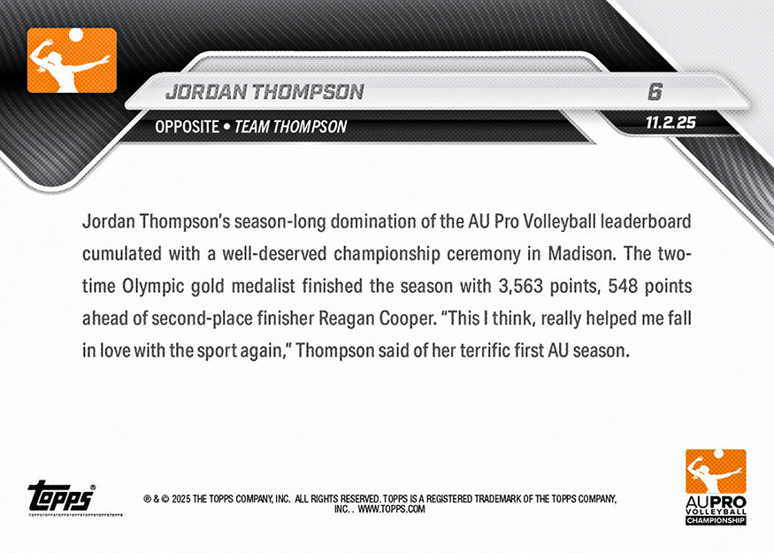 Jordan Thompson - 2025 AU Pro Volleyball Topps NOW - Card 6 - PR: 273 - Image 3