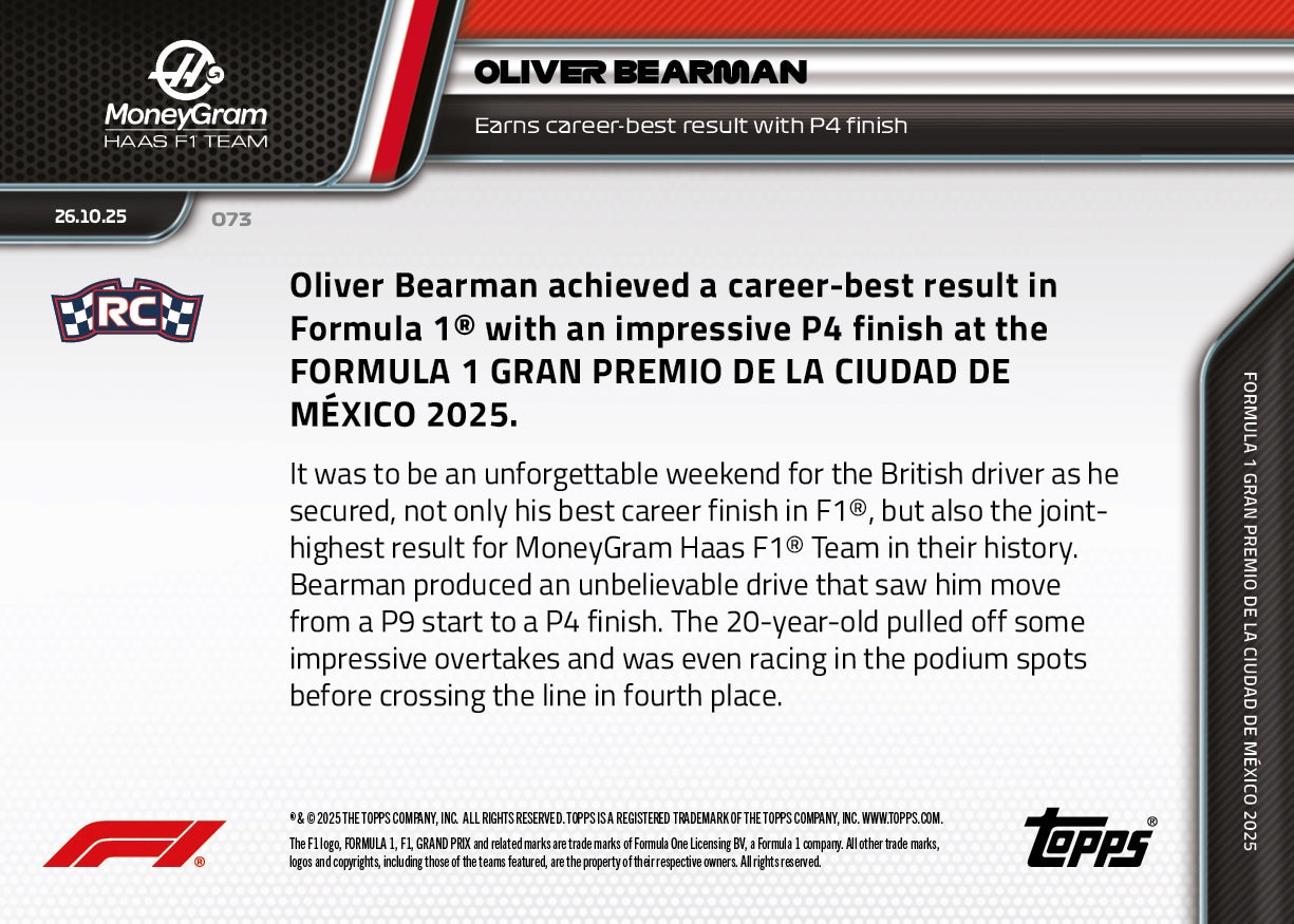 Oliver Bearman - 2025 Formula 1 Topps NOW - Card 73 - PR: 2305 - Image 7