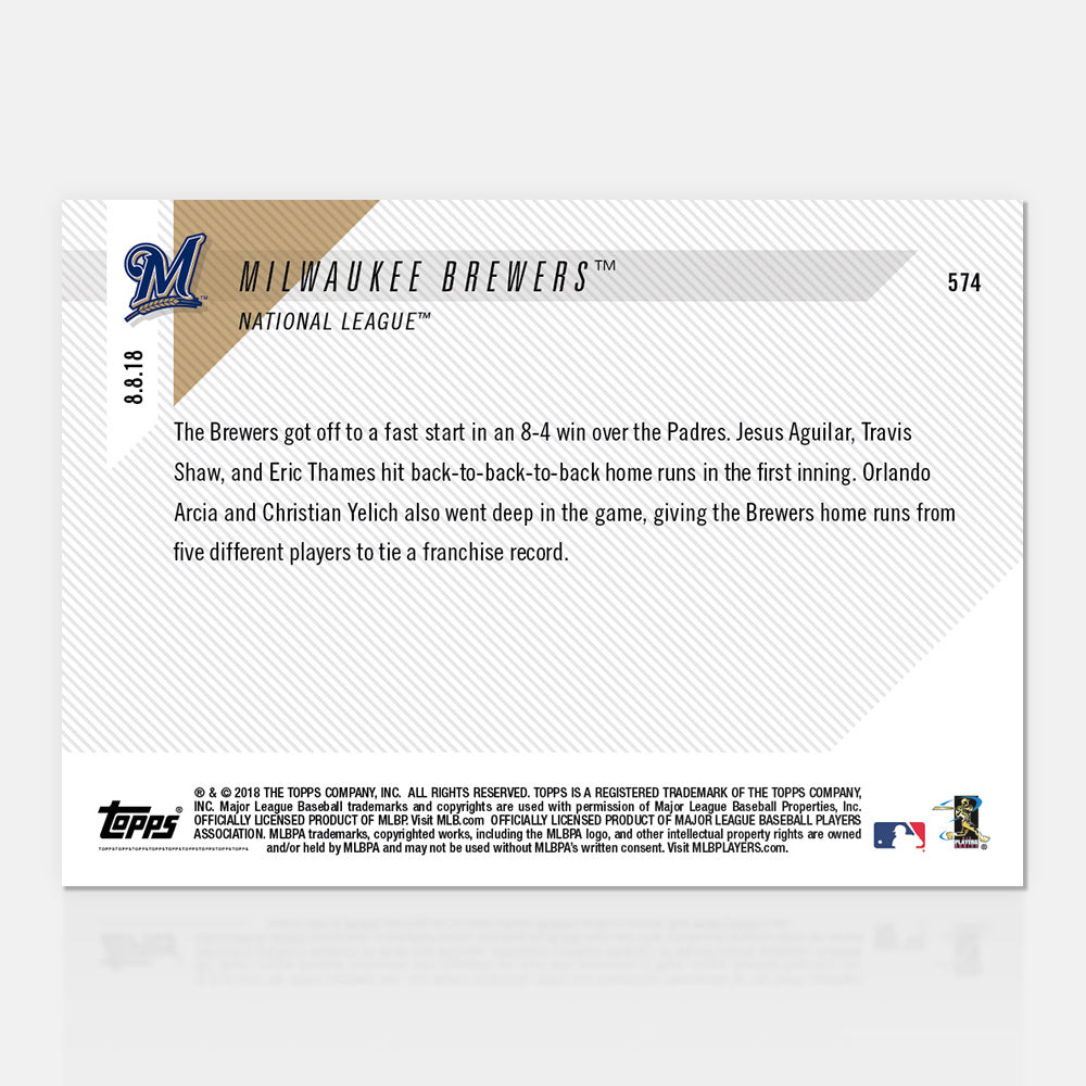 Eric Thames,Jesus Aguilar,Travis Shaw - 08/08/2018 TOPPS NOW Card 574 - Print Run: 183 - Image 2