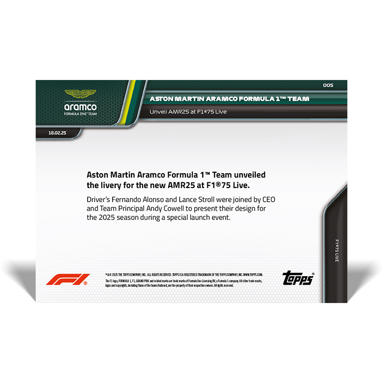 Aston Martin Aramco Formula One Team - 2025 Formula 1 Topps NOW - Card 5 - PR: 615 - Image 2