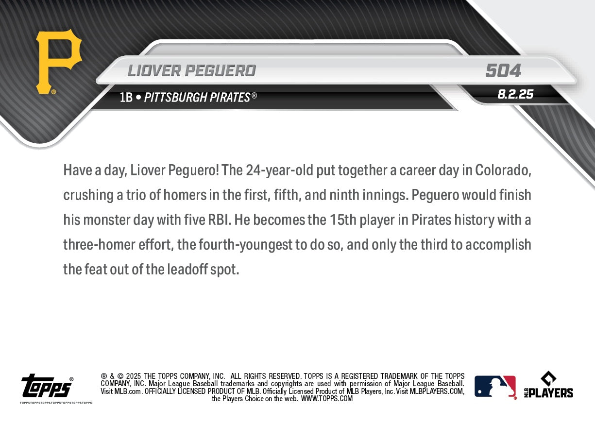 Liover Peguero - 2025 MLB Topps NOW - Card 504 - PR: 396 - Image 2