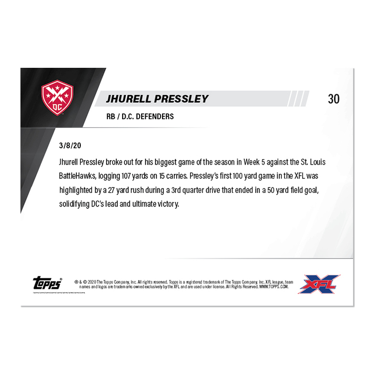 Jhurell Pressley - XFL TOPPS NOW Card 30 - Print Run : 164 - Image 2