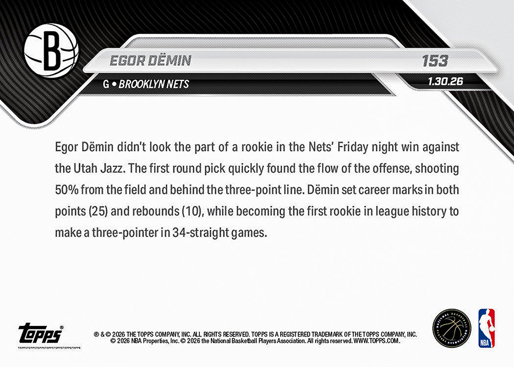 Egor Dëmin - 2025-26 NBA Topps NOW - Card 153 - PR: 1079 - Image 3