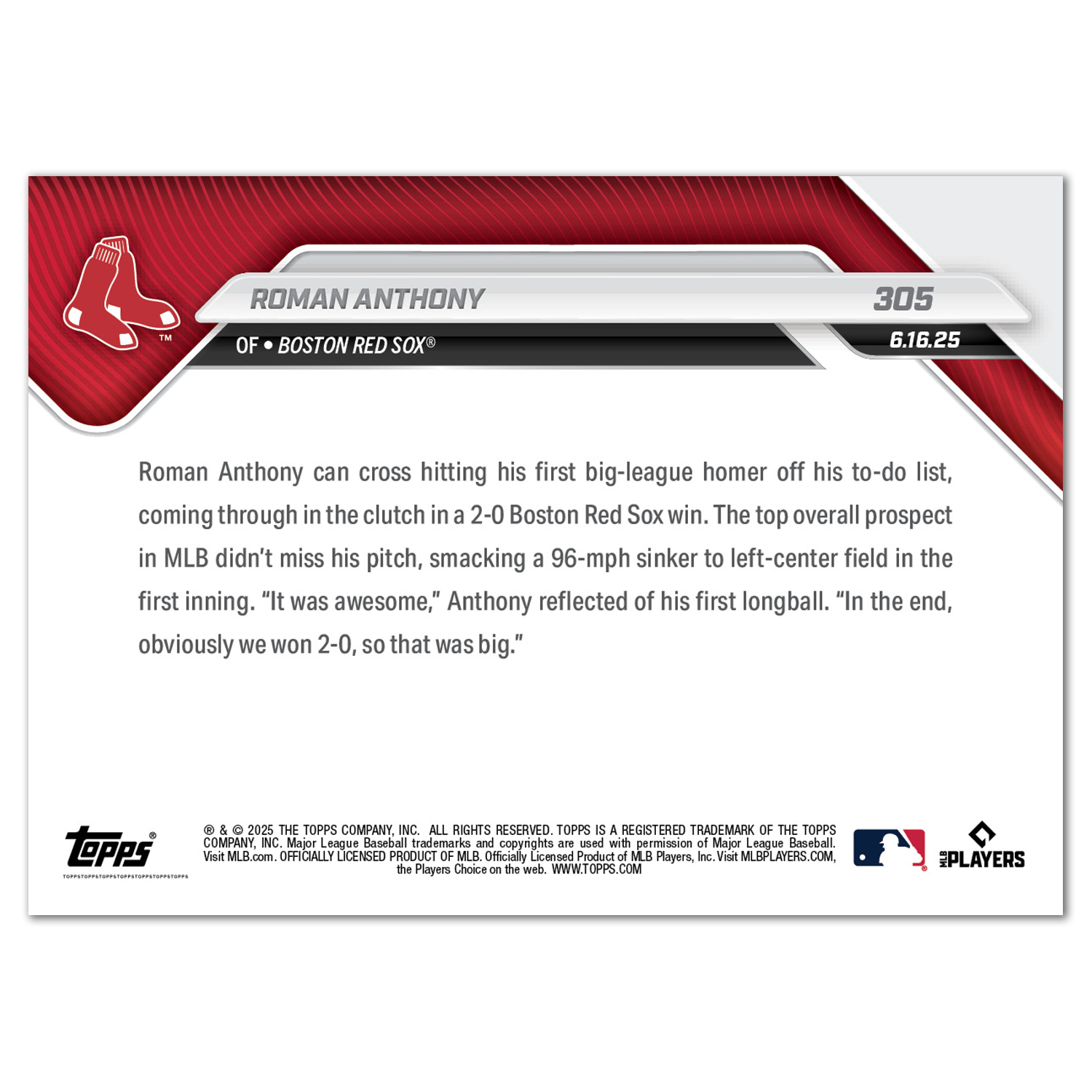 Roman Anthony - 2025 MLB Topps NOW - Card 305 - LOOK FOR AUTOS - PR: 9147 - Image 3