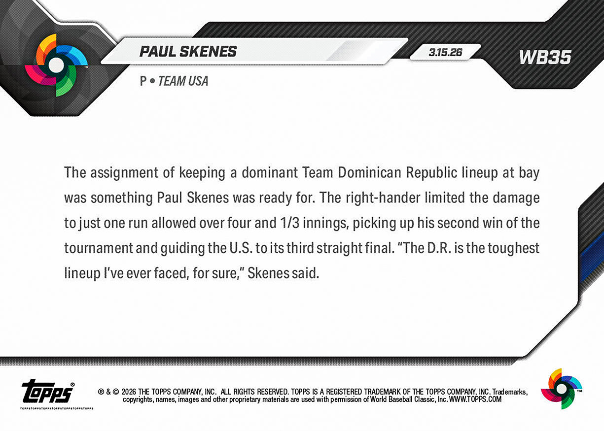 Paul Skenes - 2026 World Baseball Classic Topps NOW - Card 35 - PR: 16,243 - Image 3