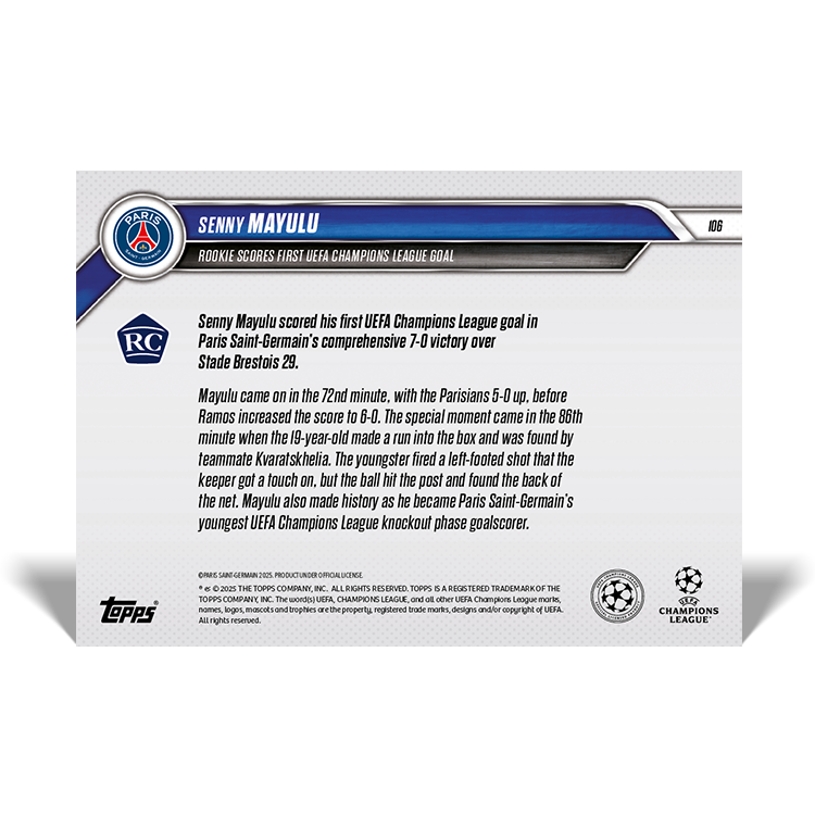 Senny Mayulu - 2024-25 UCL Topps NOW - Card 106 - PR: 291 - Image 2
