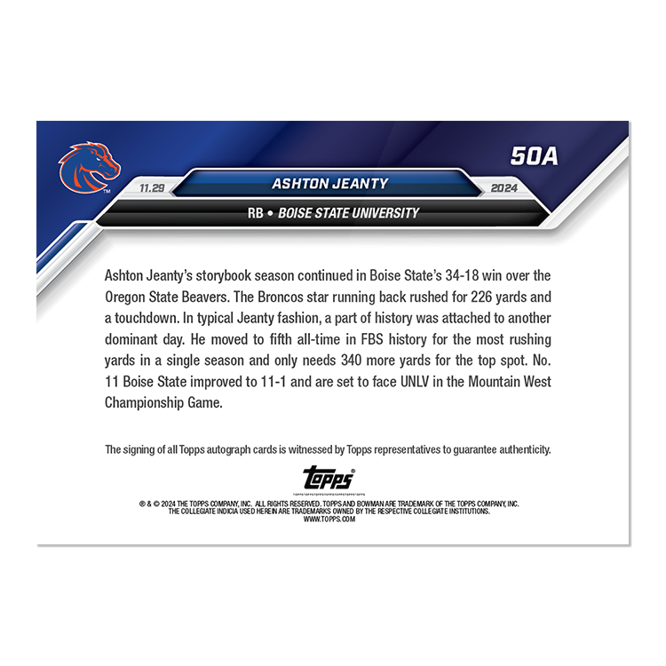 Autograph # to 49 or Lower - Ashton Jeanty - 2024 Bowman U Now Card 50 - Image 4
