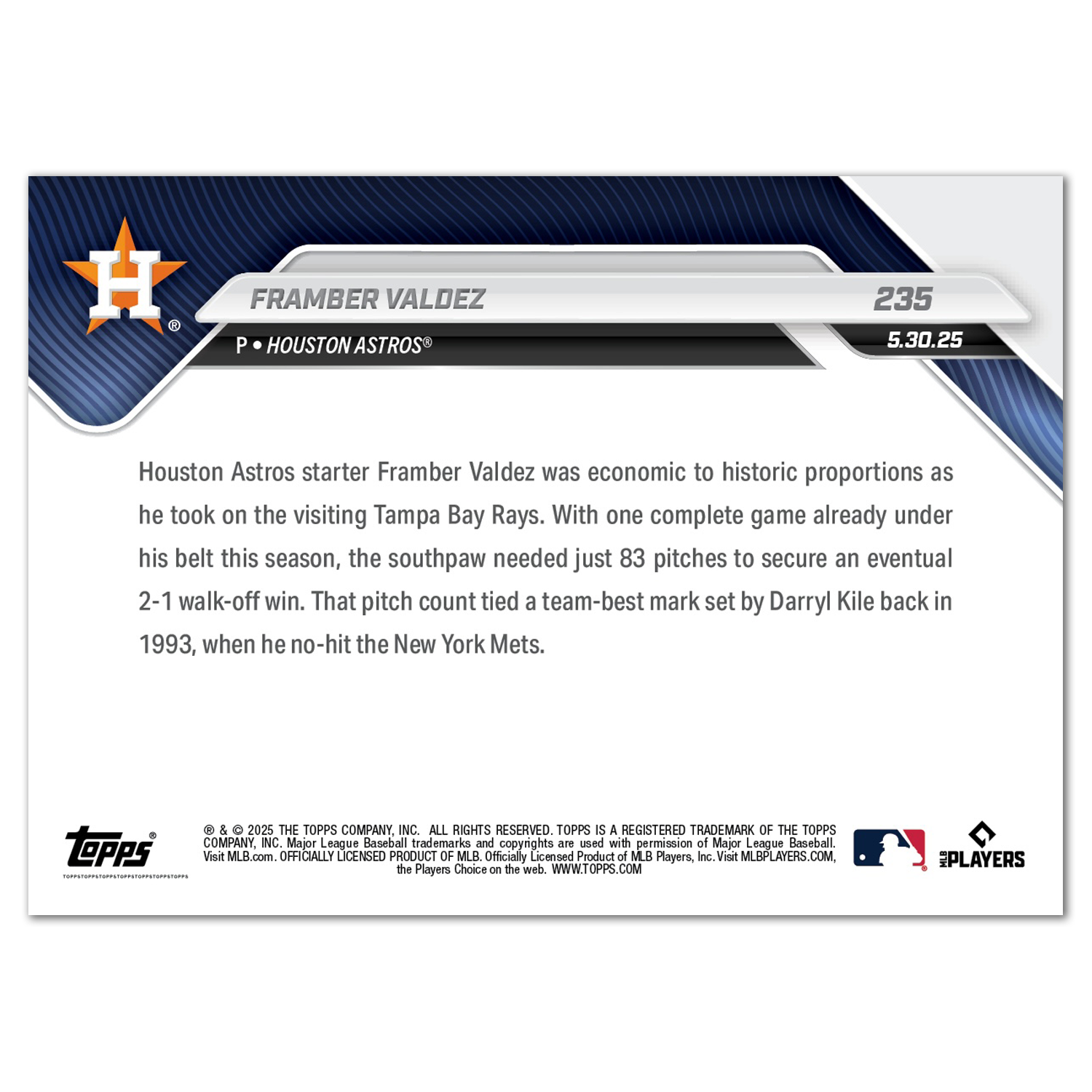 Framber Valdez - 2025 MLB Topps NOW - Card 235 - PR: 477 - Image 2