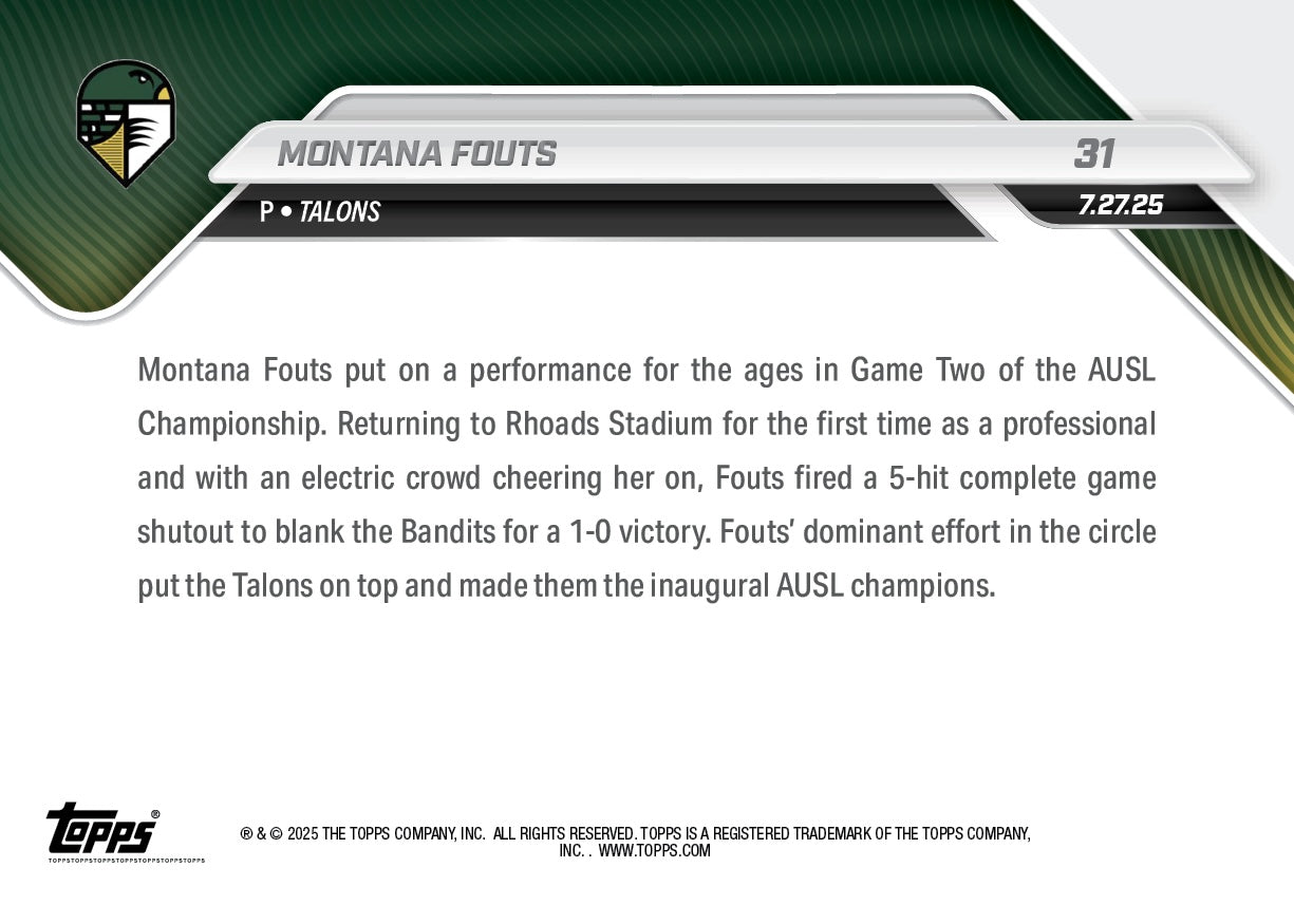 Montana Fouts - 2025 AUSL Topps NOW - Card 31 - LOOK FOR AUTO-RELICS - PR: 1660 - Image 3