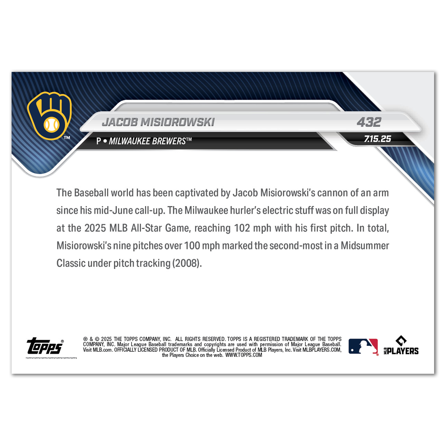 Jacob Misiorowski - 2025 MLB Topps NOW - Card 432 - PR: 3380 - Image 2