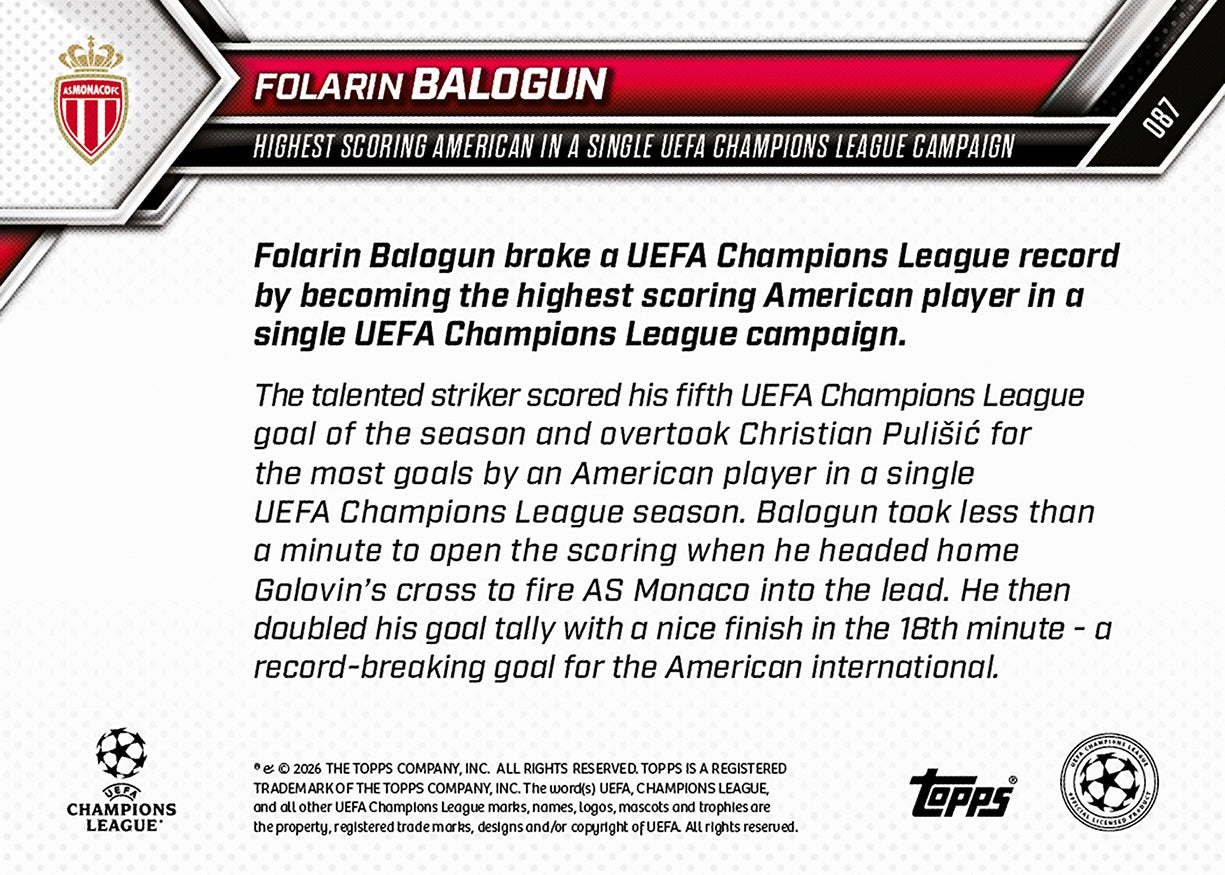 Folarin Balogun - 2025-26 UCL Topps NOW - Card 87 - PR: 213 - Image 7