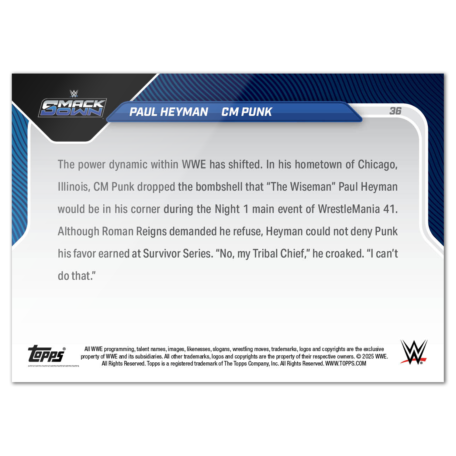 Alternative view of Paul Heyman/CM Punk - 2025 WWE Topps NOW - Card 36 - PR: 836