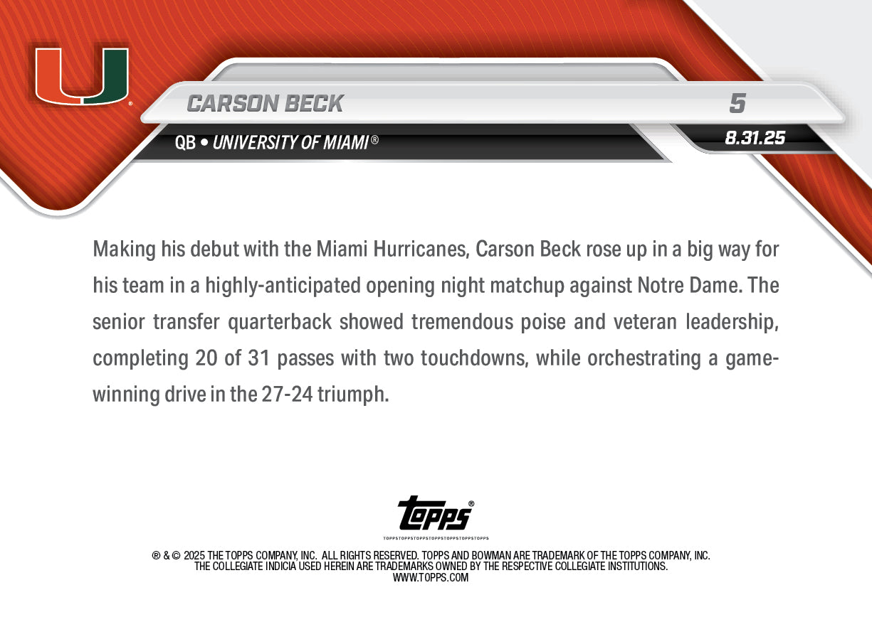 Carson Beck - 2025-26 Bowman U NOW Football - Card 5 - LOOK FOR AUTO-RELIC BOOKLET - PR: 3630 - Image 5