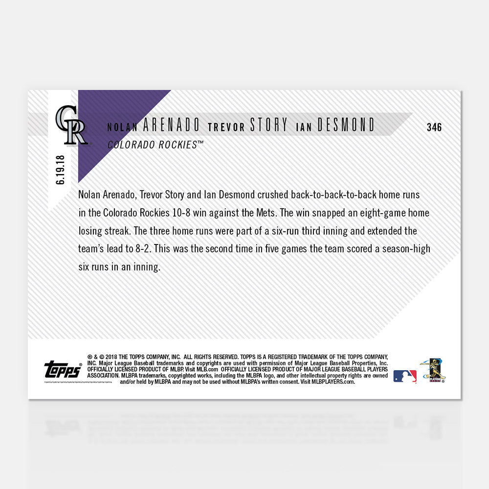 Ian Desmond,Nolan Arenado,Trevor Story - 06/19/2018 TOPPS NOW Card 346 - Print Run: 183 - Image 2