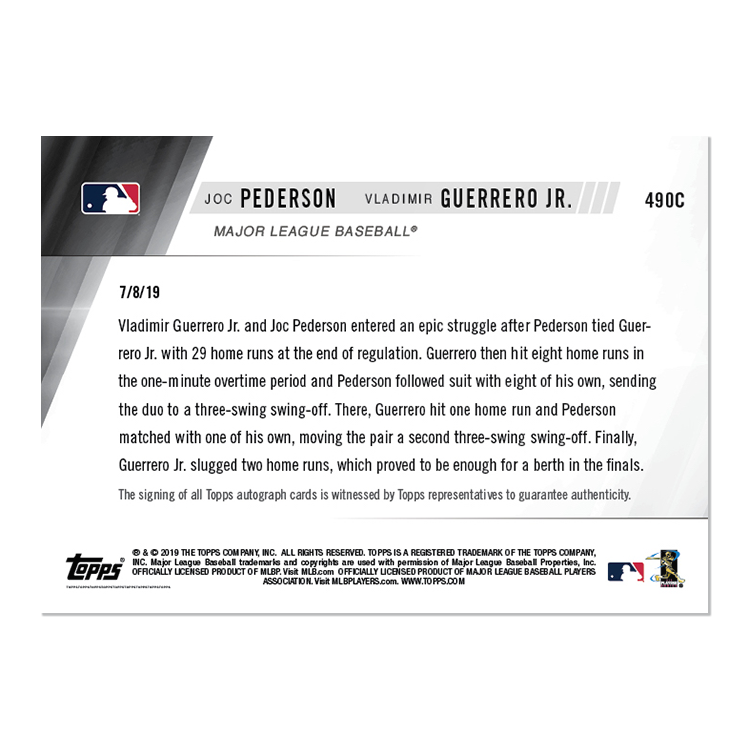 Dual On-Card Autograph # to 5 - Pederson/Guerrero Jr. - MLB TOPPS NOW Card 490C - Image 2