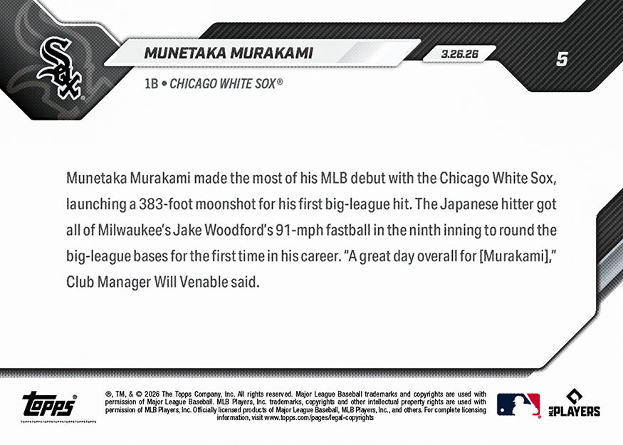 Munetaka Murakami - 2026 MLB Topps NOW - Card 5 - PR: 9950 - Image 3