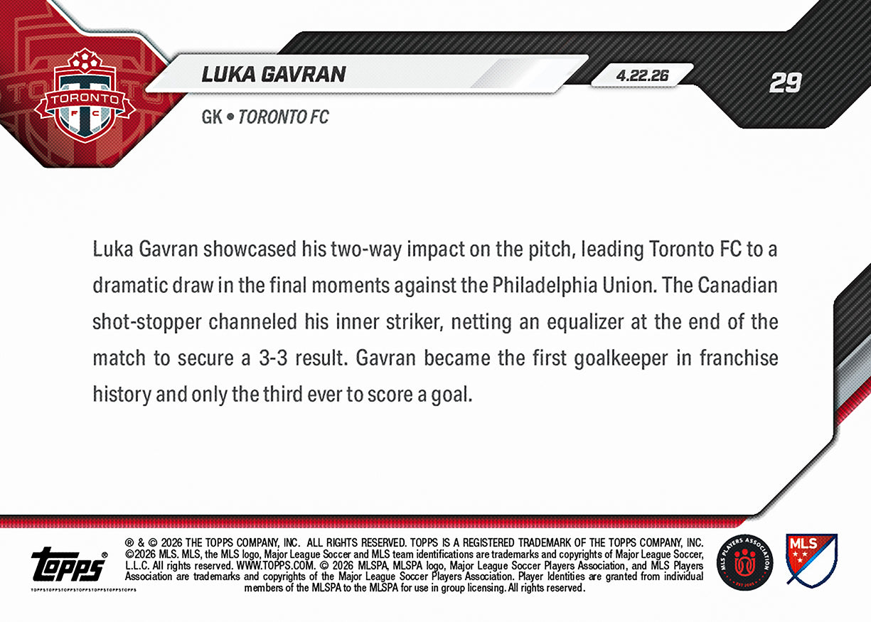 Luka Gavran - 2026 MLS Topps NOW - Card 29 - PR: 236 - Image 2