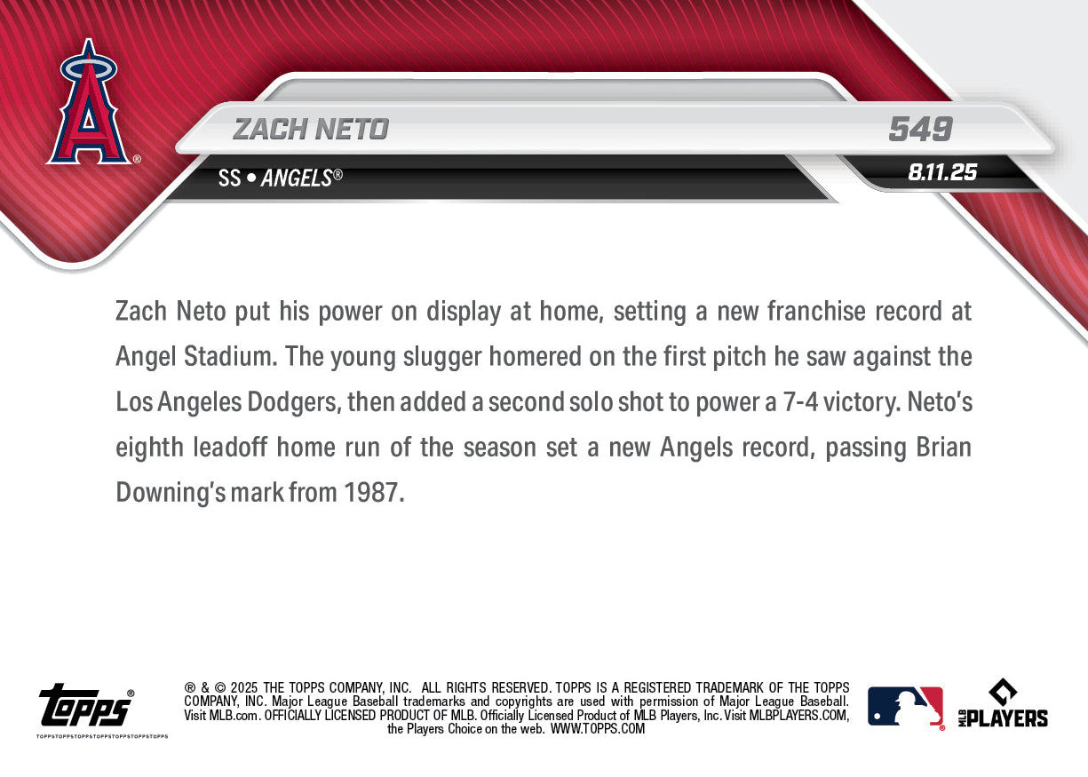 Alternative view of Zach Neto - 2025 MLB Topps NOW - Card 549 - PR: 595