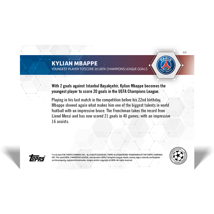 Alternative view of Youngest player to score 20 UEFA Champions League goals - UCL TOPPS NOW Card #37 - Print Run: 1059