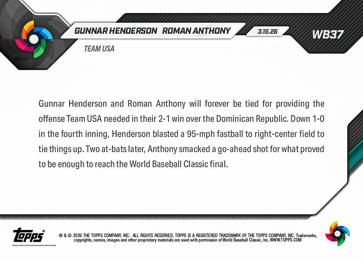 Gunnar Henderson / Roman Anthony - 2026 World Baseball Classic Topps NOW - Card 37 - PR: 4693 - Image 2