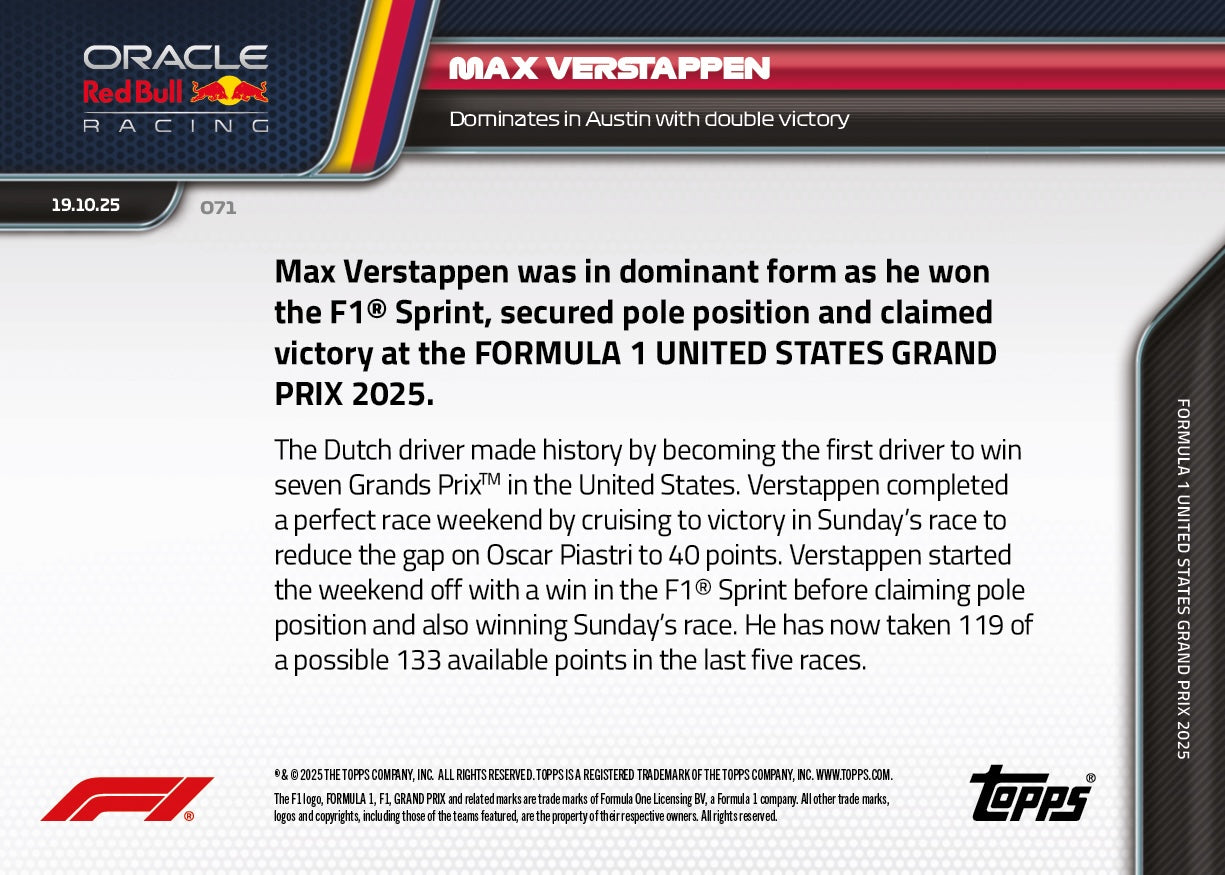 Max Verstappen - 2025 Formula 1 Topps NOW - Card 71 - PR: 2325 - Image 7