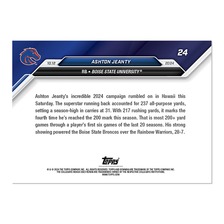 Ashton Jeanty - 2024 Bowman U NOW Football Card 24 - PR: 1874 - Image 2