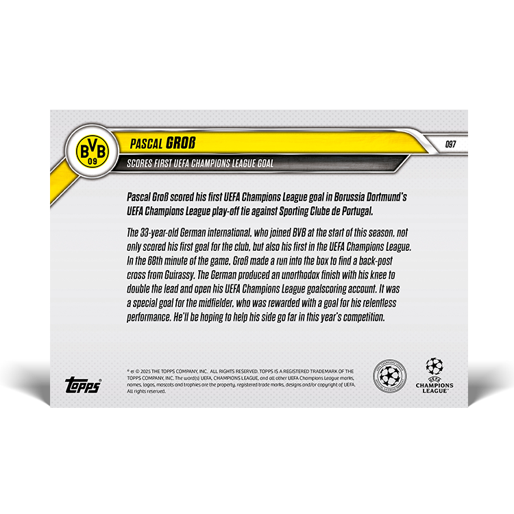 Pascal Groß - Scores first UEFA Champions League goal - 24/25 UCL Topps NOW Card 97 - PR: 132 - Image 2